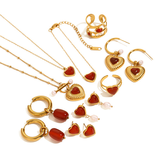 Stainless Steel Agate Love Earrings Ring Necklace Bracelet Set