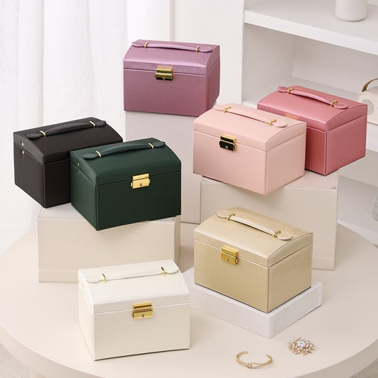 PU leather three-layer portable jewelry box for rings, earrings, necklaces, and other jewelry