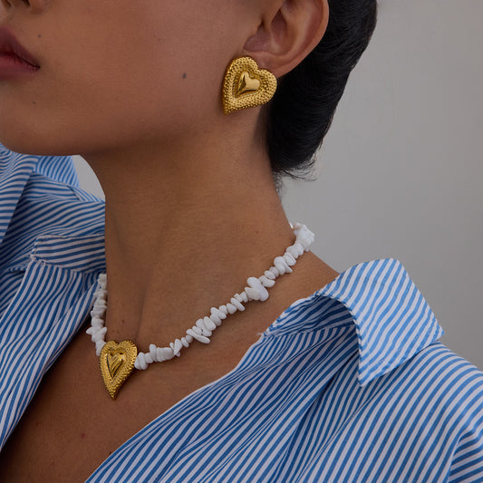 Stainless steel hammer pattern love white gravel stud earrings necklace