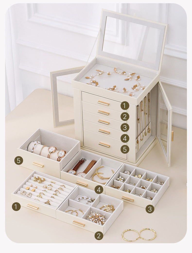 European-style large-capacity jewelry box, multi-layered necklace, earring, ring, and watch jewelry storage box