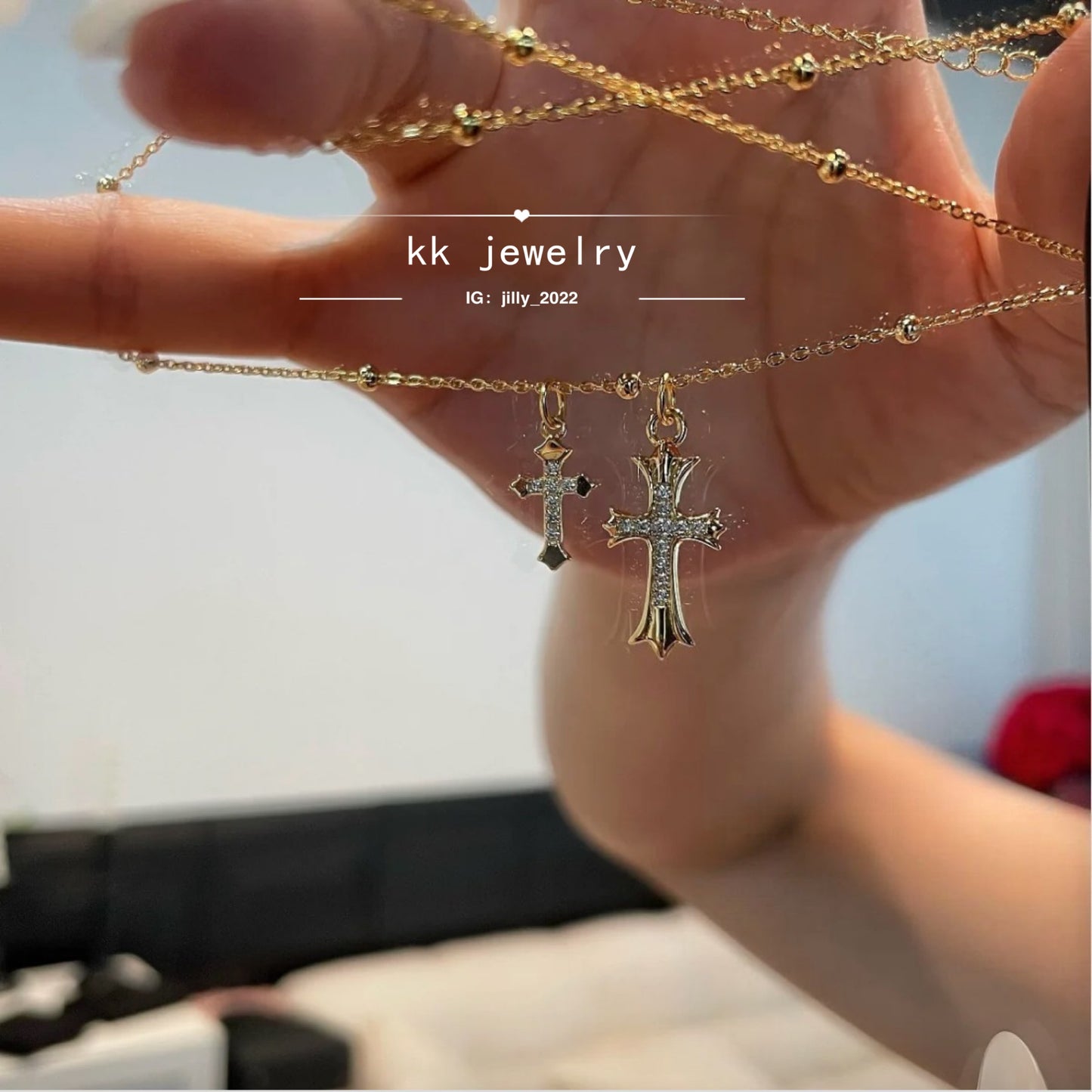 Super Exquisite~ S925 Sterling Silver Gold Double Cross Necklace