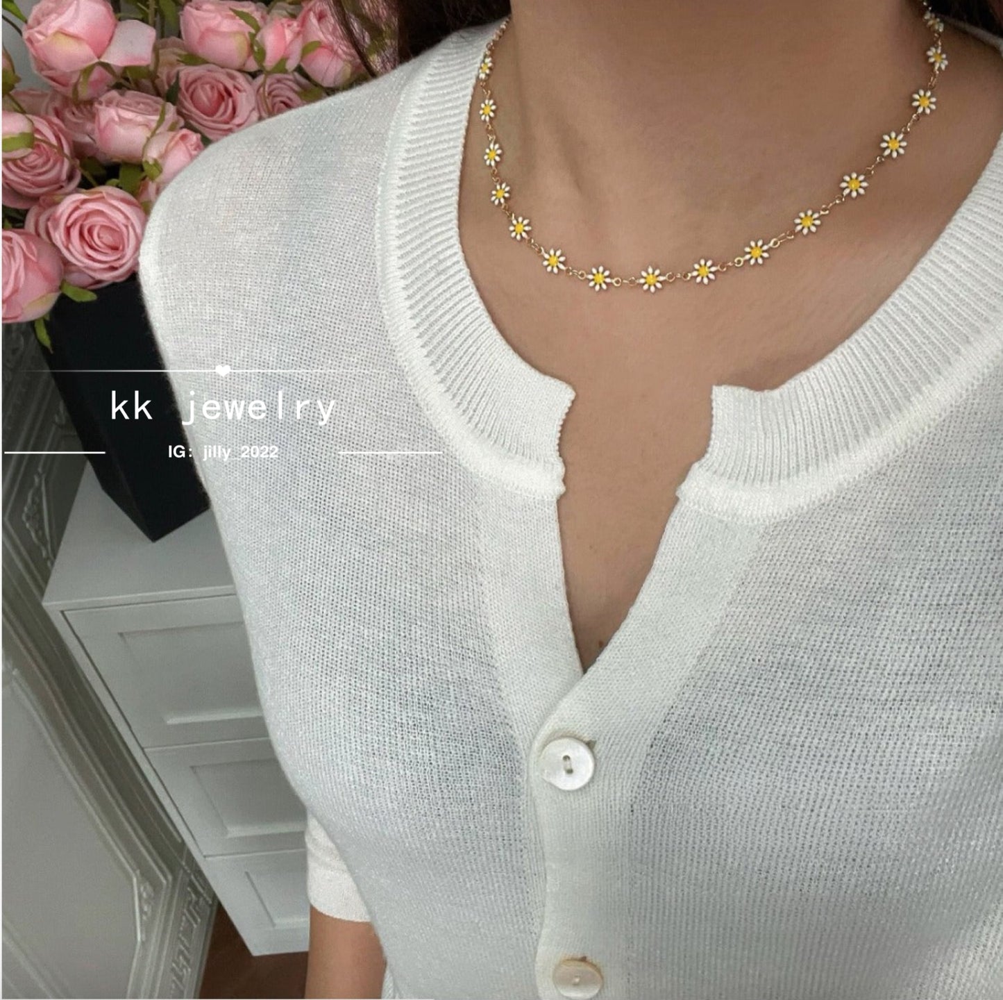 Colored Little Daisies Drop Glaze Flower Bracelet Necklace Set