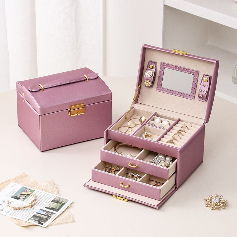 PU leather three-layer portable jewelry box for rings, earrings, necklaces, and other jewelry