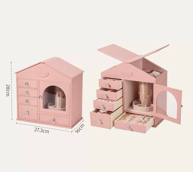 Pink jewelry box, large capacity, high-end style, suitable for home use, for storing necklaces, rings, and earrings