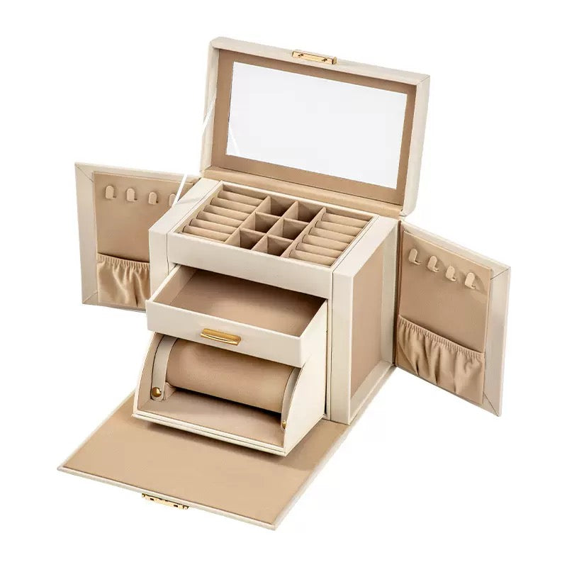 Jewelry box with multiple drawers, large capacity, for home use, including mirrored jewelry, earrings, studs, and necklaces