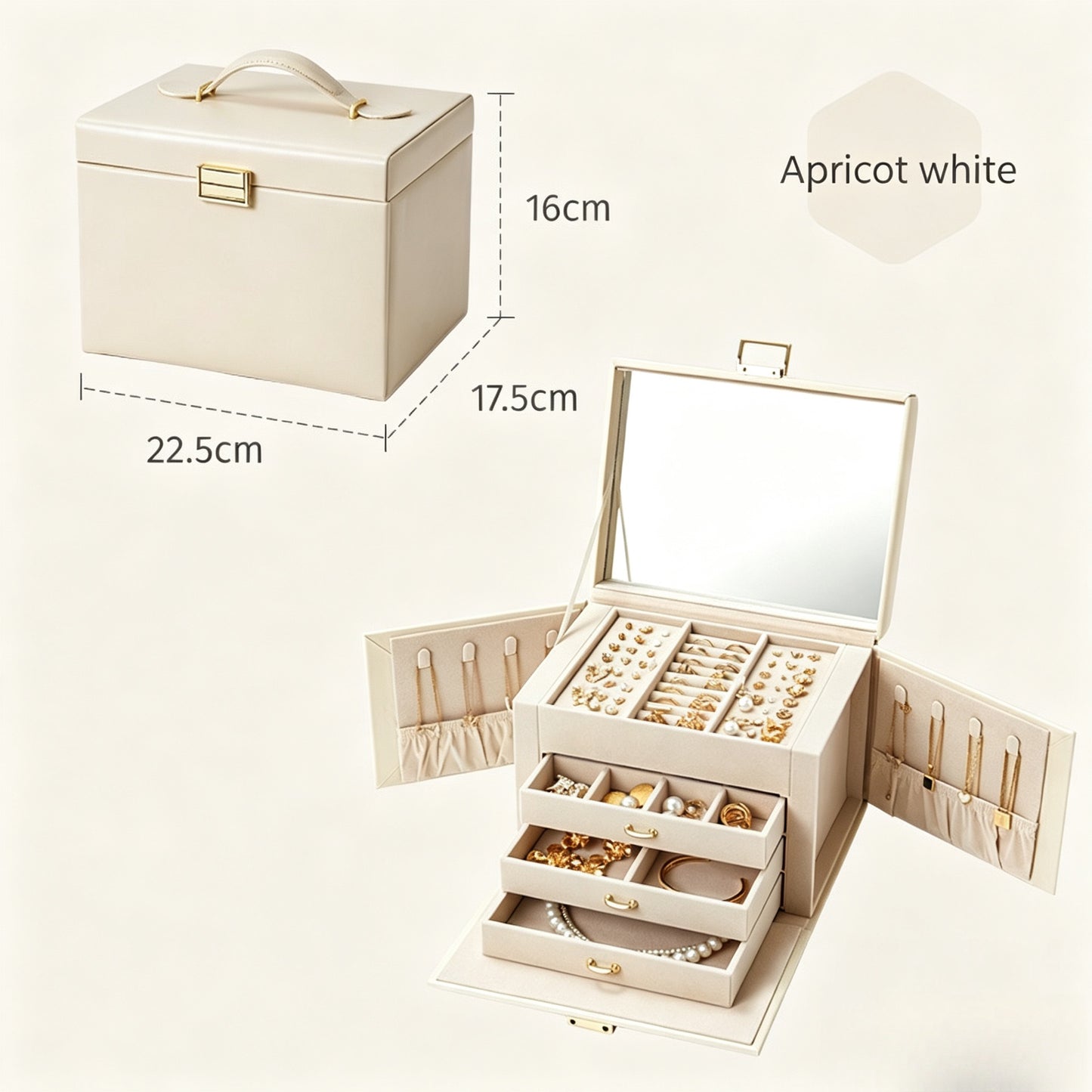 High-end jewelry box, large capacity, with mirror, for storing necklaces, rings, bracelets, and beaded bracelets