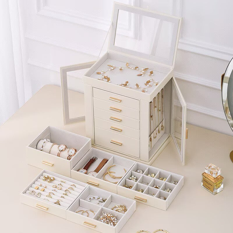 European-style large-capacity jewelry box, multi-layered necklace, earring, ring, and watch jewelry storage box