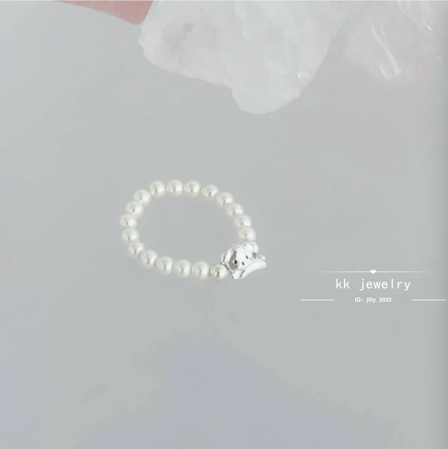 S925 Sterling Silver Happy Puppy Faux Pearl Stretch Ring
