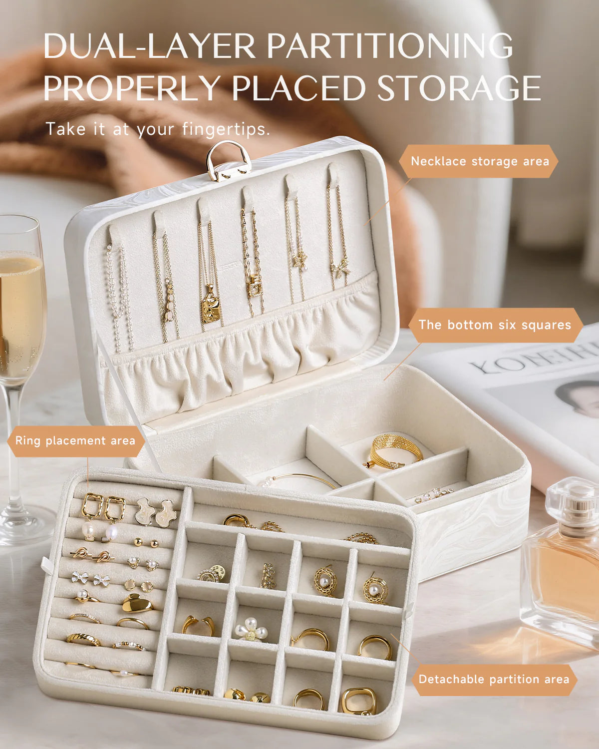 New high-end jewelry box, two-layer jewelry box, earring, necklace, and ring box, home jewelry storage box