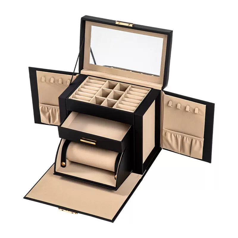 Jewelry box with multiple drawers, large capacity, for home use, including mirrored jewelry, earrings, studs, and necklaces