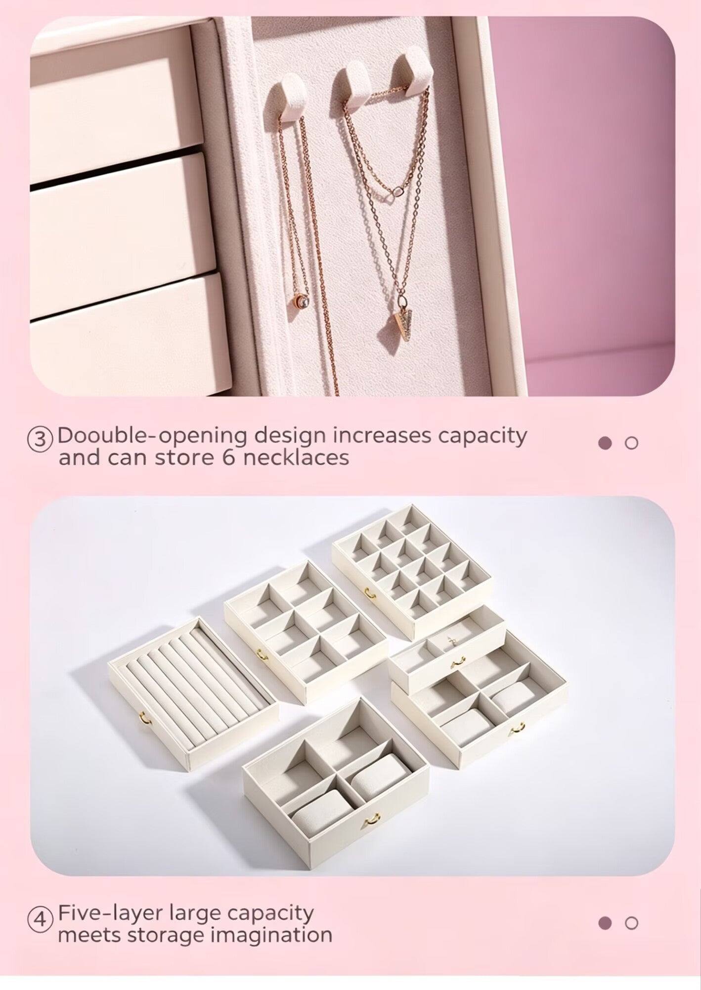 PU leather flat-opening jewelry storage box, large capacity, multi-layer drawer type, ring and necklace storage jewelry box
