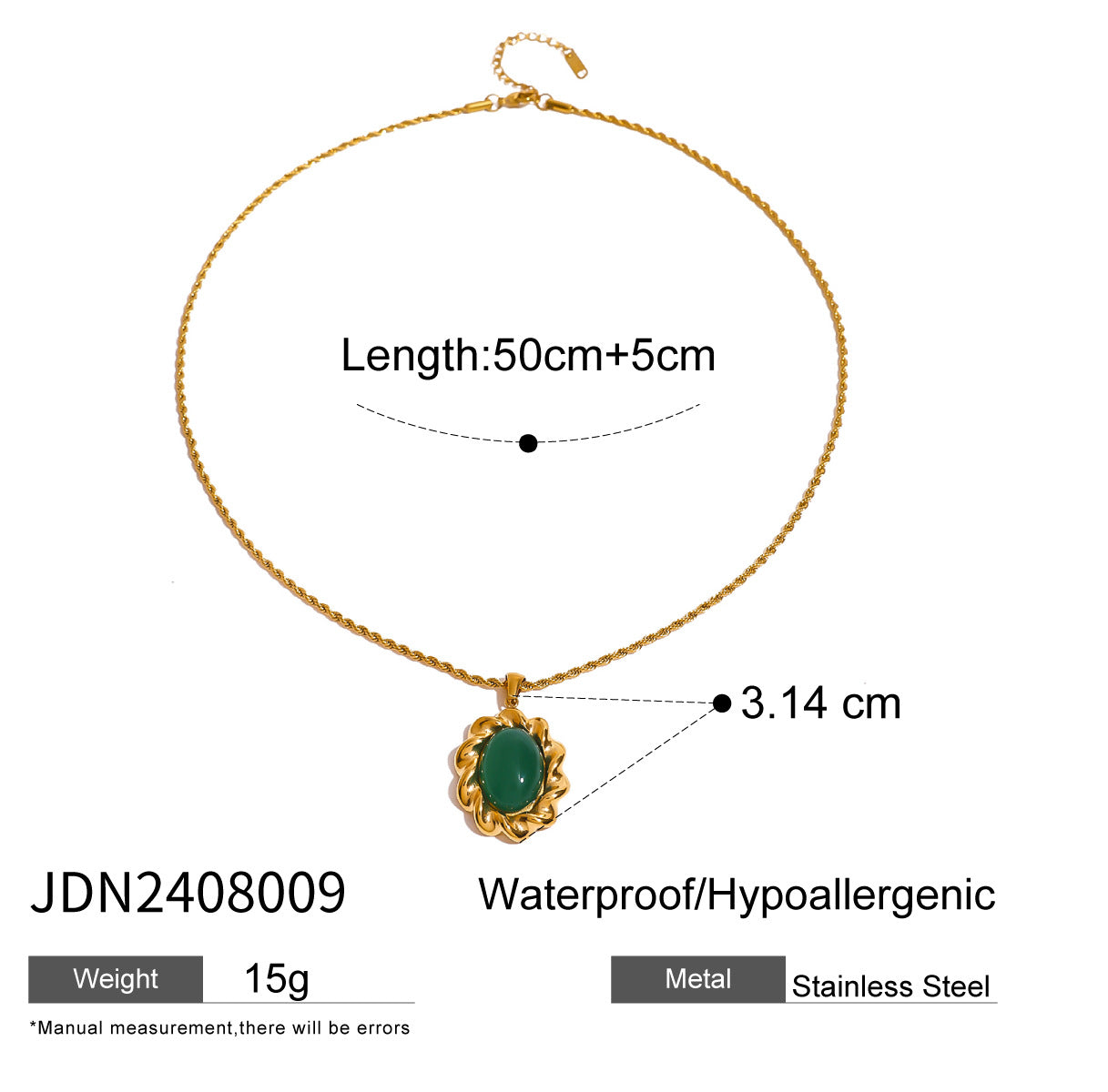 Stainless steel emerald natural stone pendant necklace