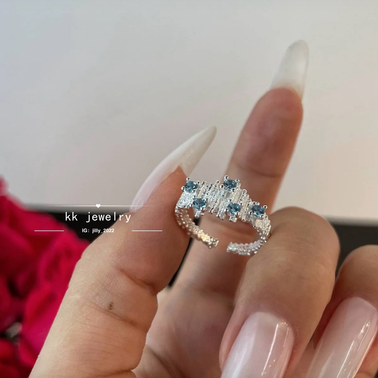 S925 Sterling Silver Irregularly Arranged Folded Sea Blue Diamond Open Ring