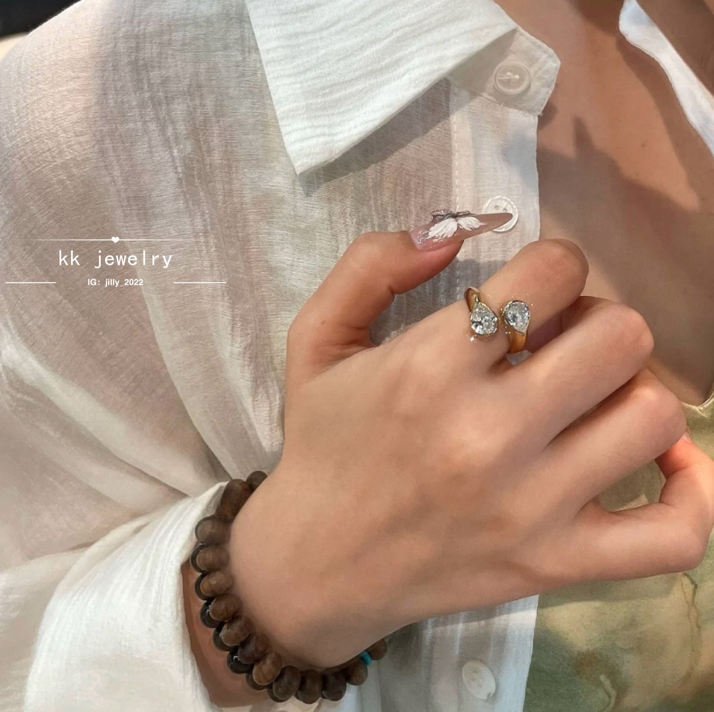 Water drop double diamond open ring