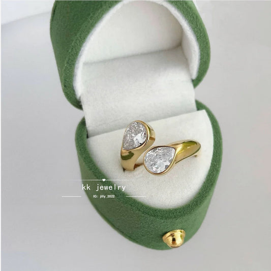 Water drop double diamond open ring