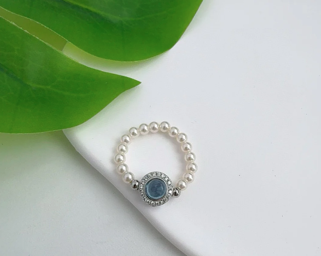 All-over 925 silver aquamarine hand-woven pearl ring