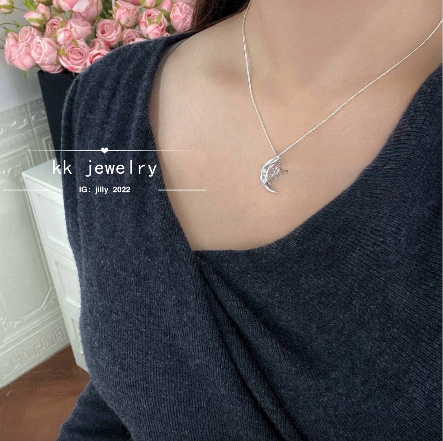 925 Sterling Silver Moon Star Pendant Necklace