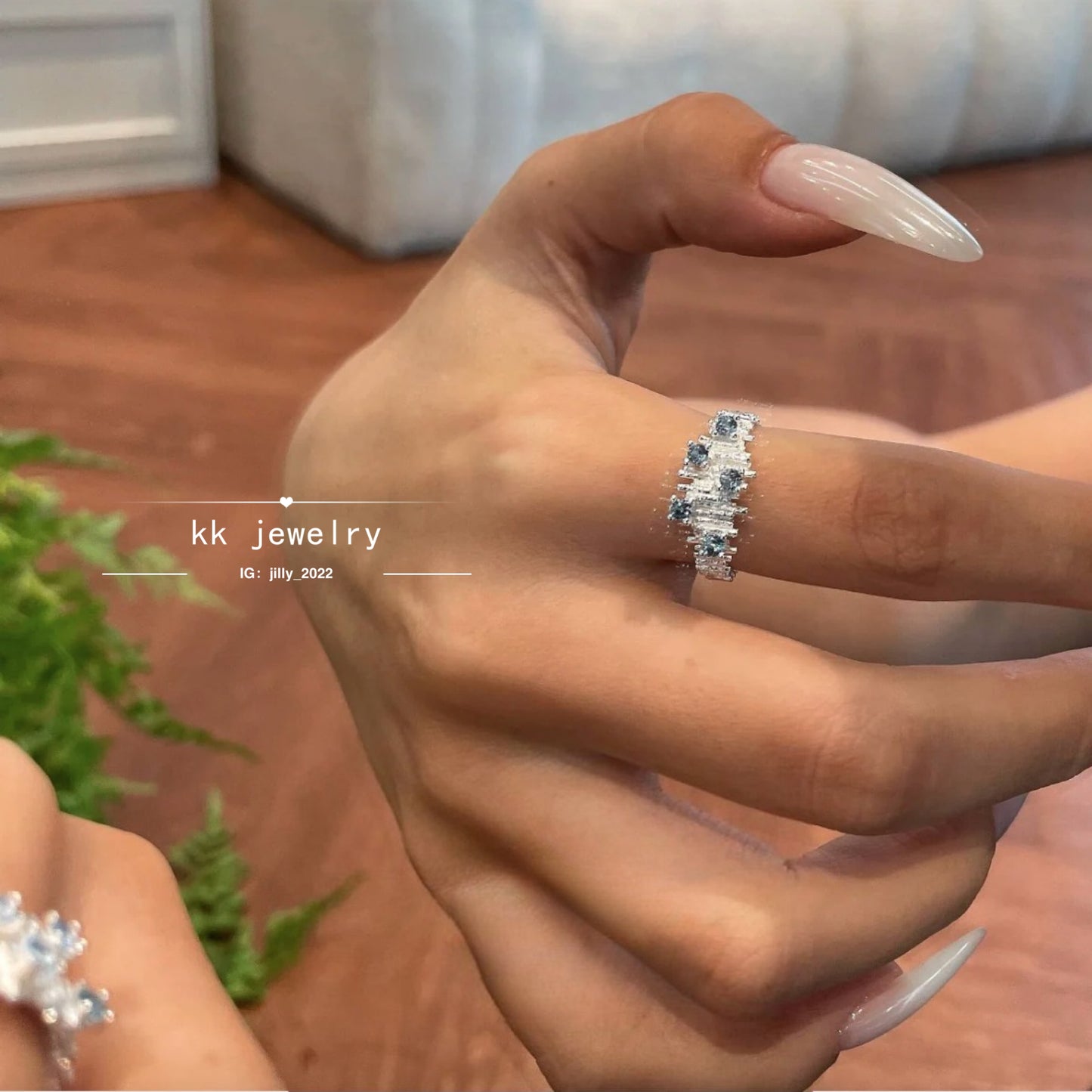 S925 Sterling Silver Irregularly Arranged Folded Sea Blue Diamond Open Ring