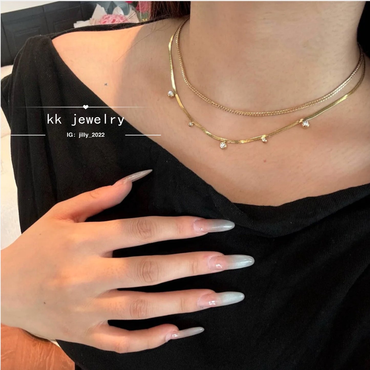 2mm round zircon blade chain necklace 18k real gold electroplated titanium steel