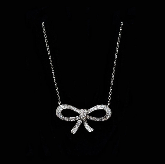 925 Silver Bow Ribbon Full Diamond Necklace