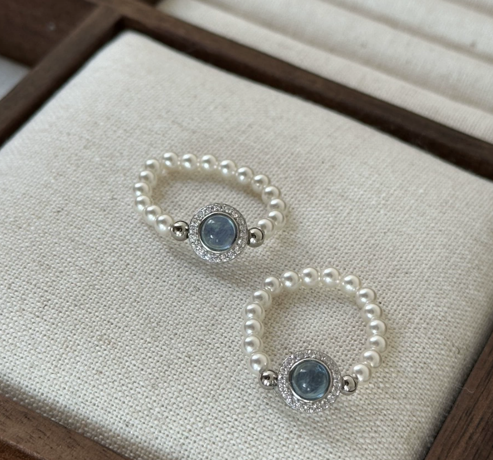 All-over 925 silver aquamarine hand-woven pearl ring