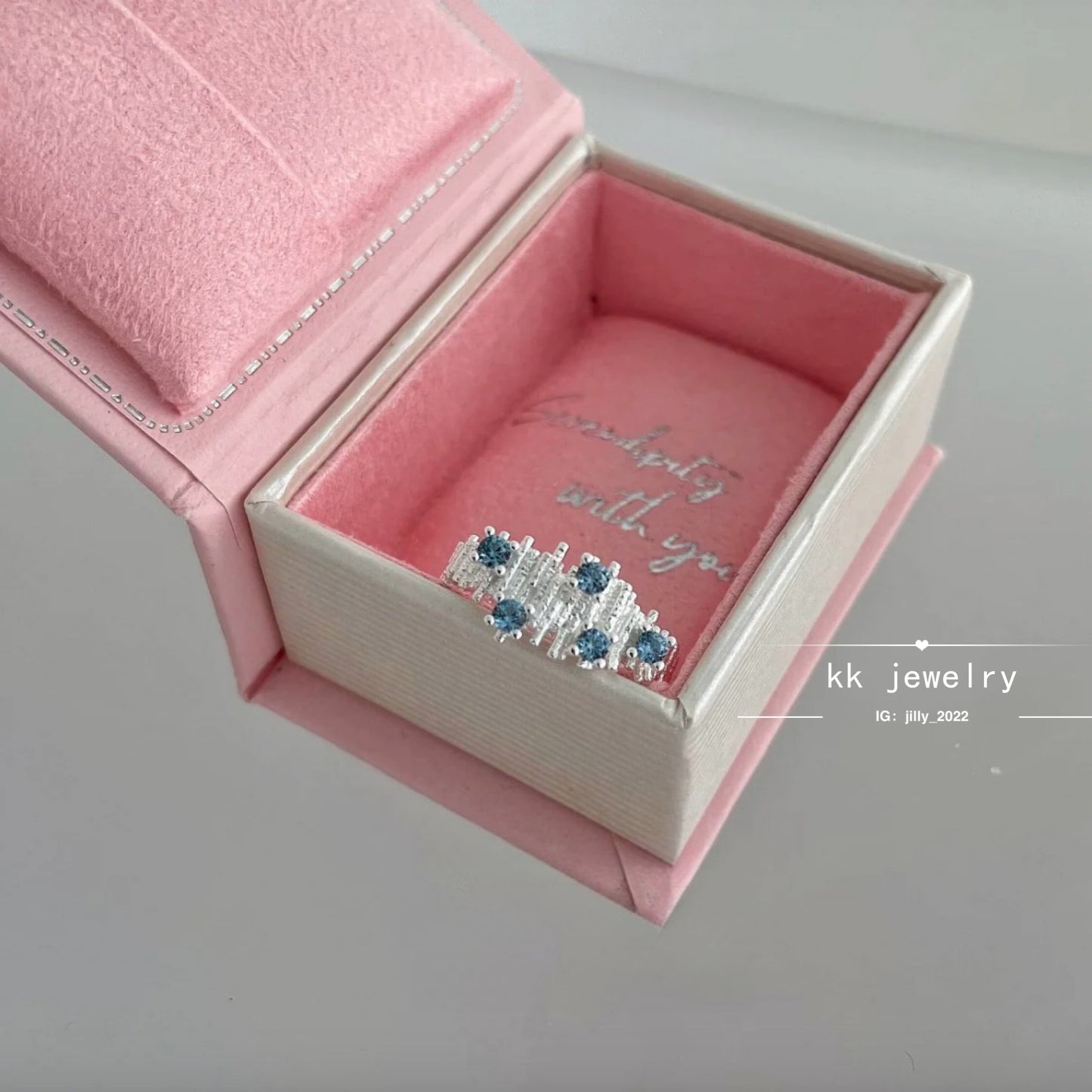 S925 Sterling Silver Irregularly Arranged Folded Sea Blue Diamond Open Ring