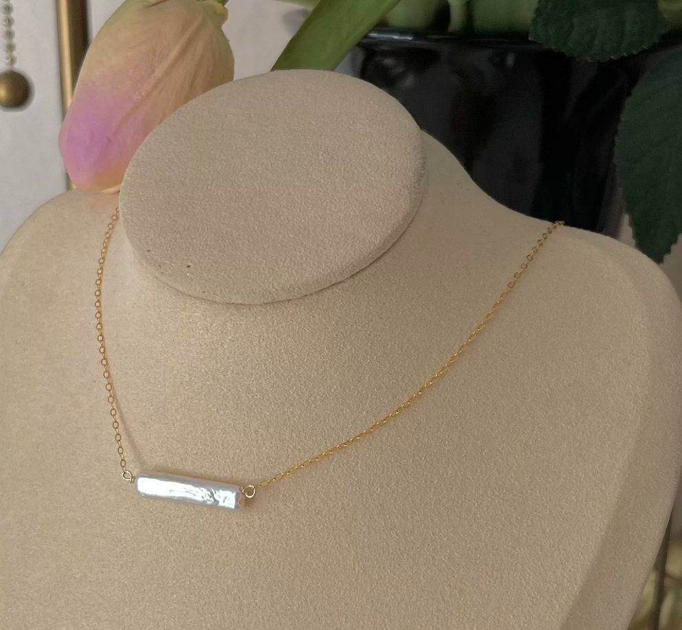 14k gold-filled beckoning small silver bar pearl necklace