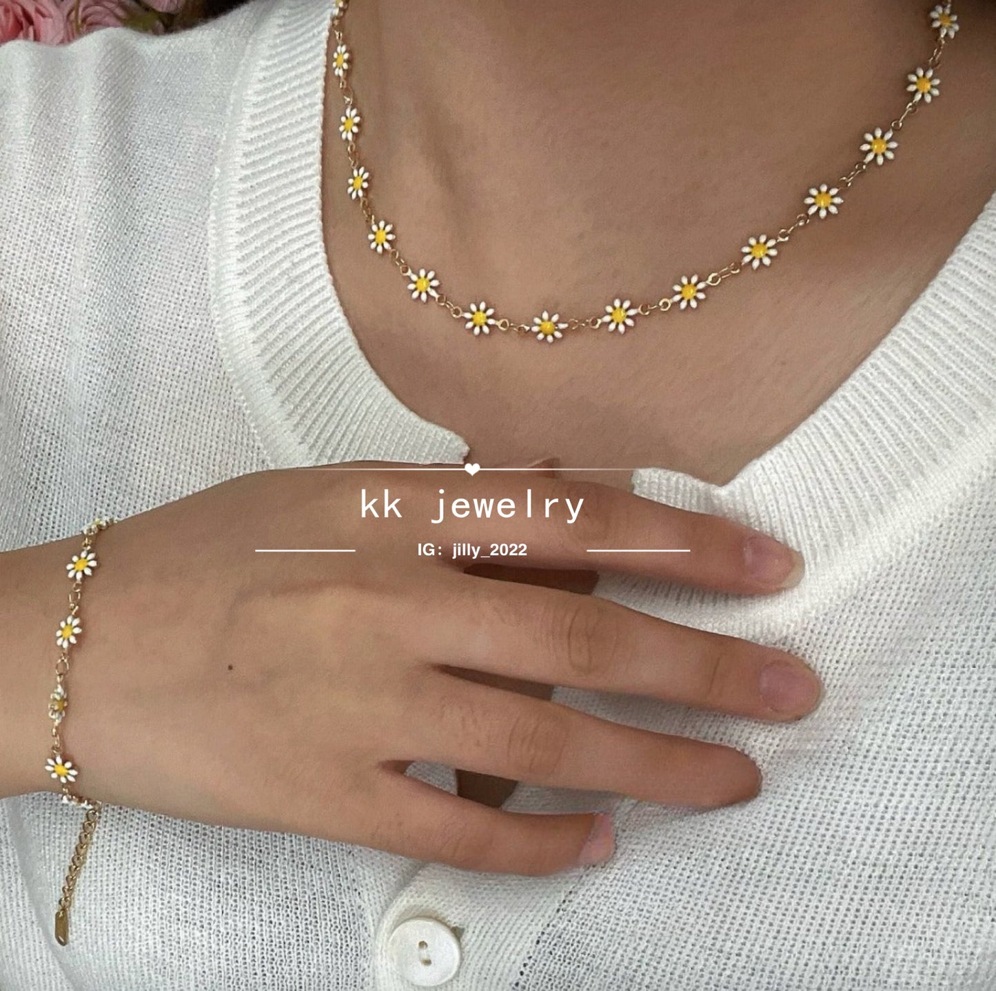 Colored Little Daisies Drop Glaze Flower Bracelet Necklace Set