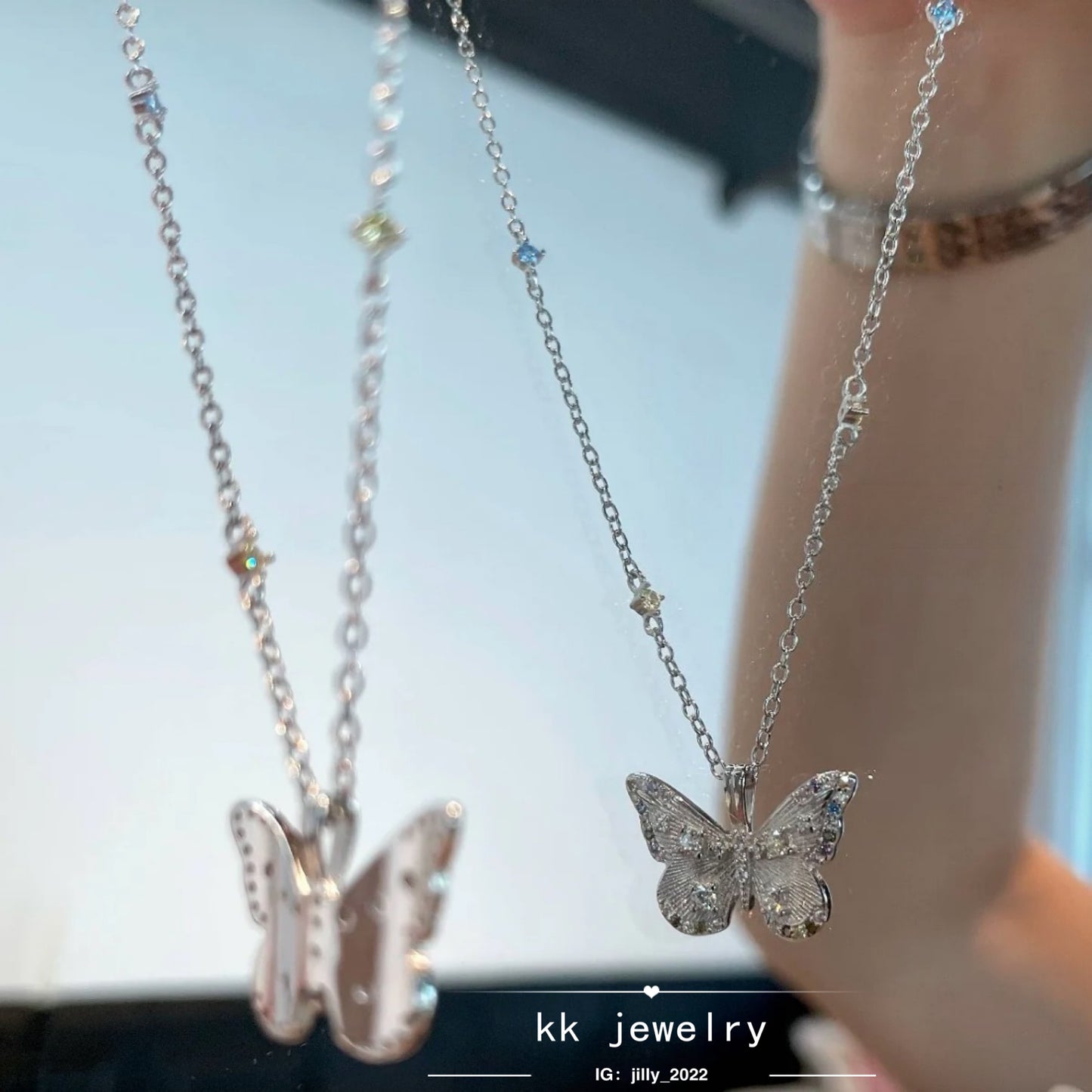 S925 whole body sterling silver colored diamond brushed butterfly necklace