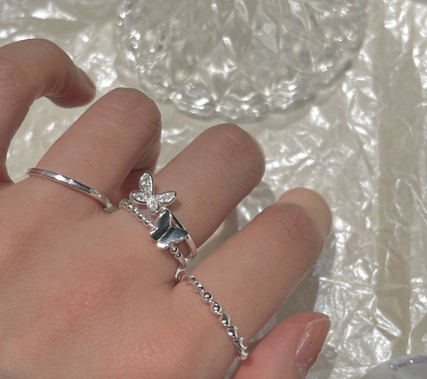 Butterfly three-piece sterling silver ring