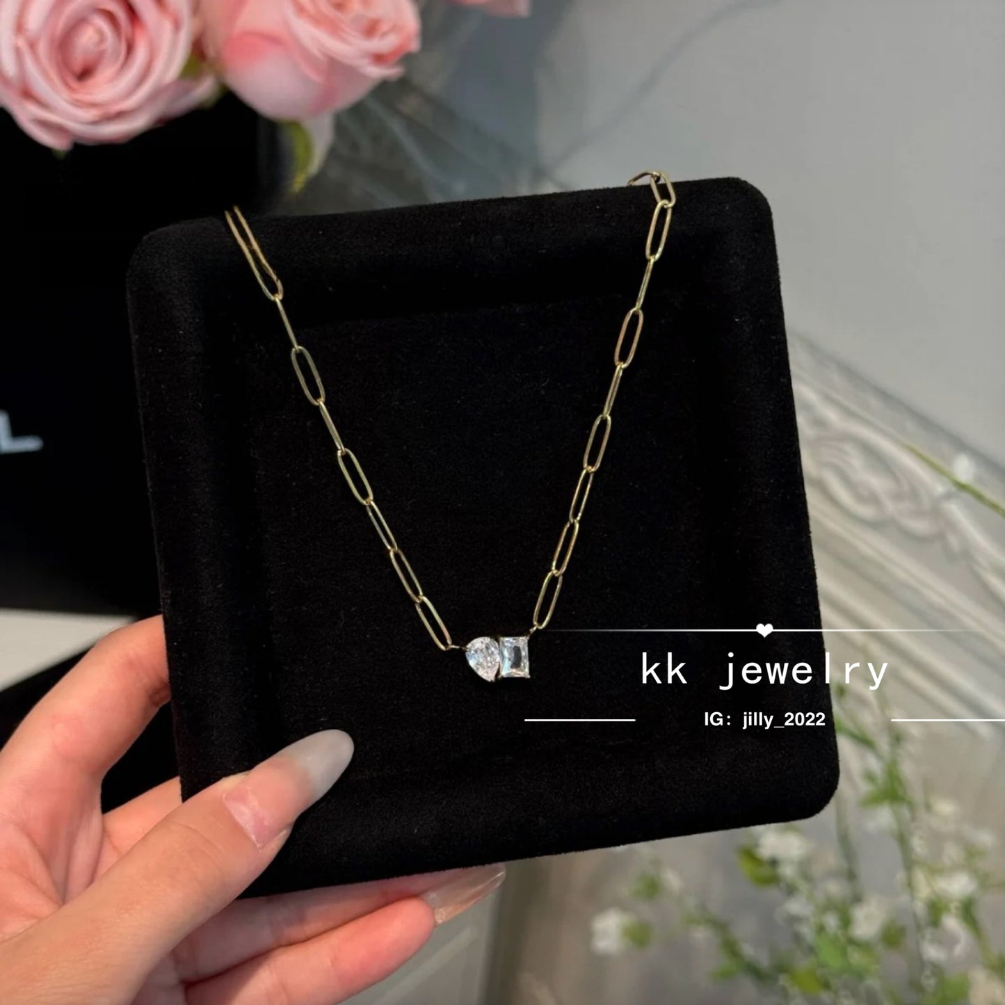 18k gold-plated titanium steel pear-shaped square zircon necklace