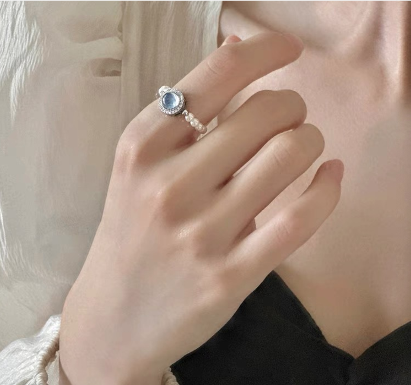 All-over 925 silver aquamarine hand-woven pearl ring