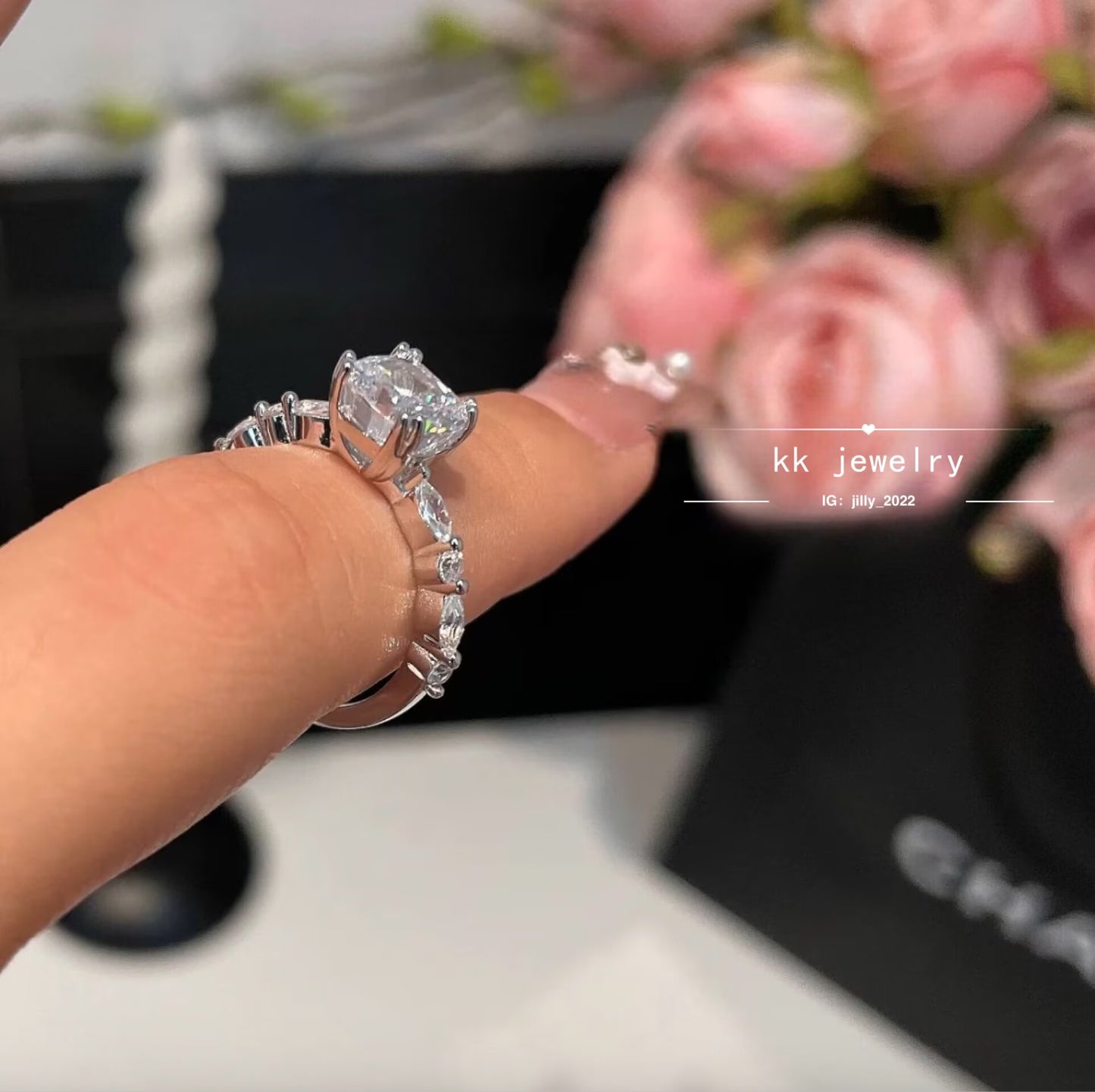 S925 sterling silver square diamond 7 * 7mm ice cube ring