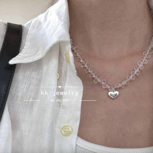 Clear White Crystal Beaded Love Clavicle Chain Necklace