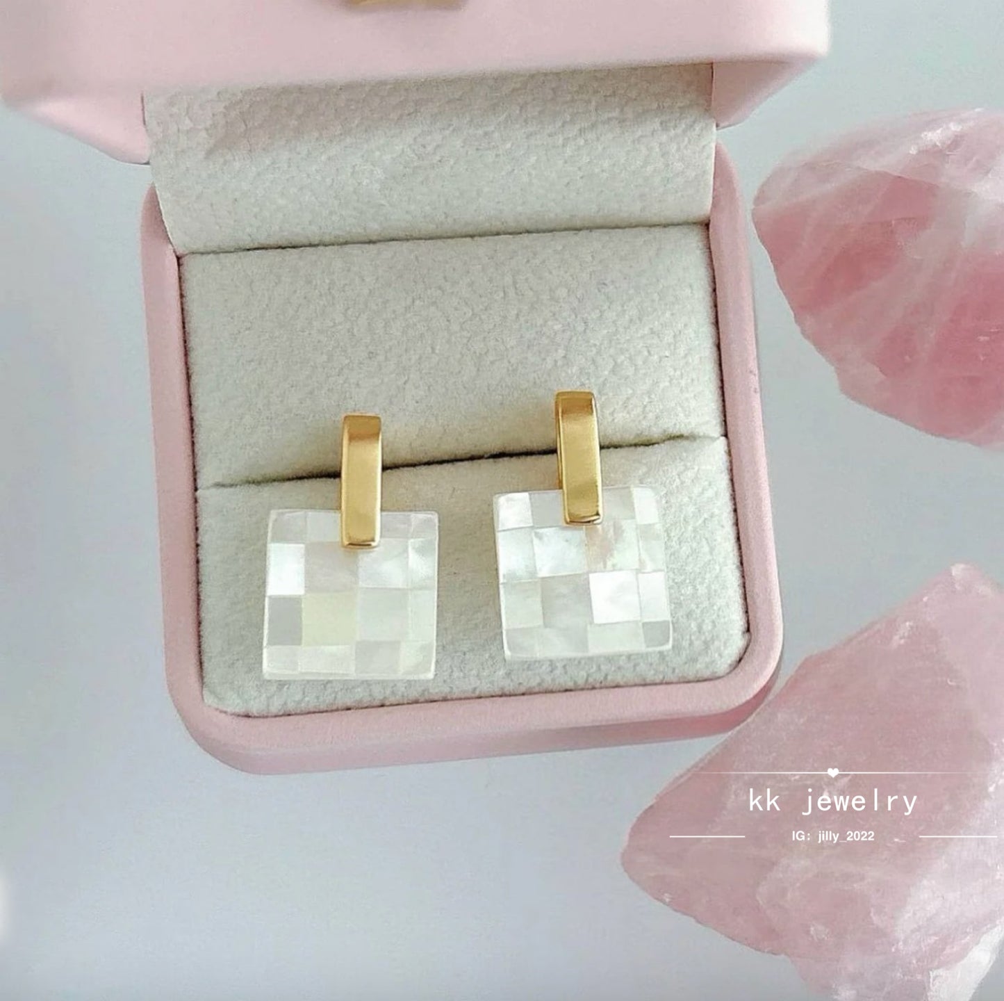S925 silver needle butterfly shell splicing square stud earrings