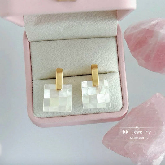 S925 silver needle butterfly shell splicing square stud earrings
