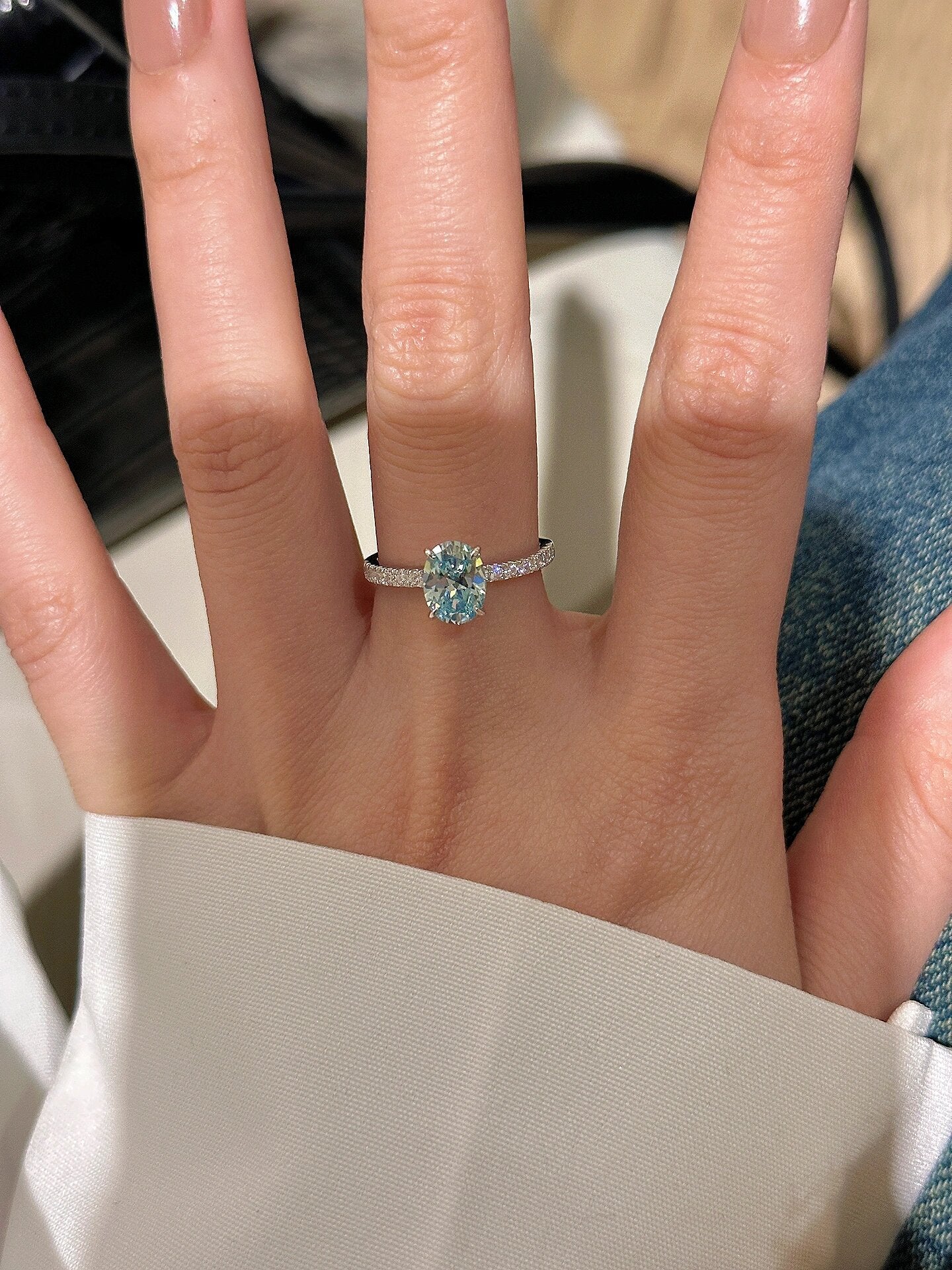 925 Silver High Carbon Diamond Sea Blue Zirconia 6*8 Ring