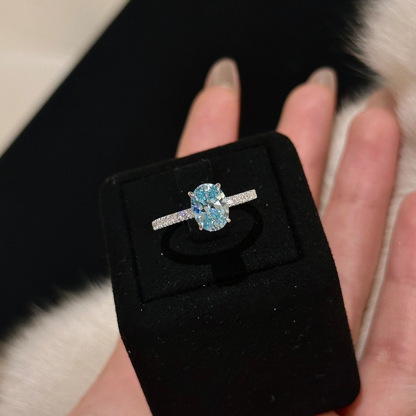 925 Silver High Carbon Diamond Sea Blue Zirconia 6*8 Ring