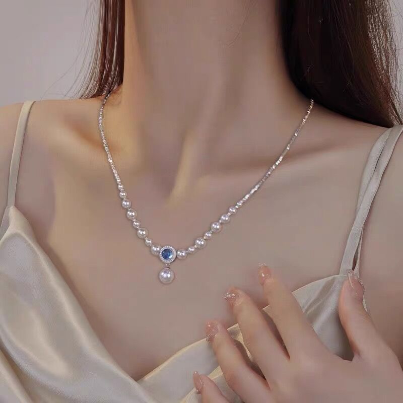 925 silver natural aquamarine crushed silver faux pearl necklace