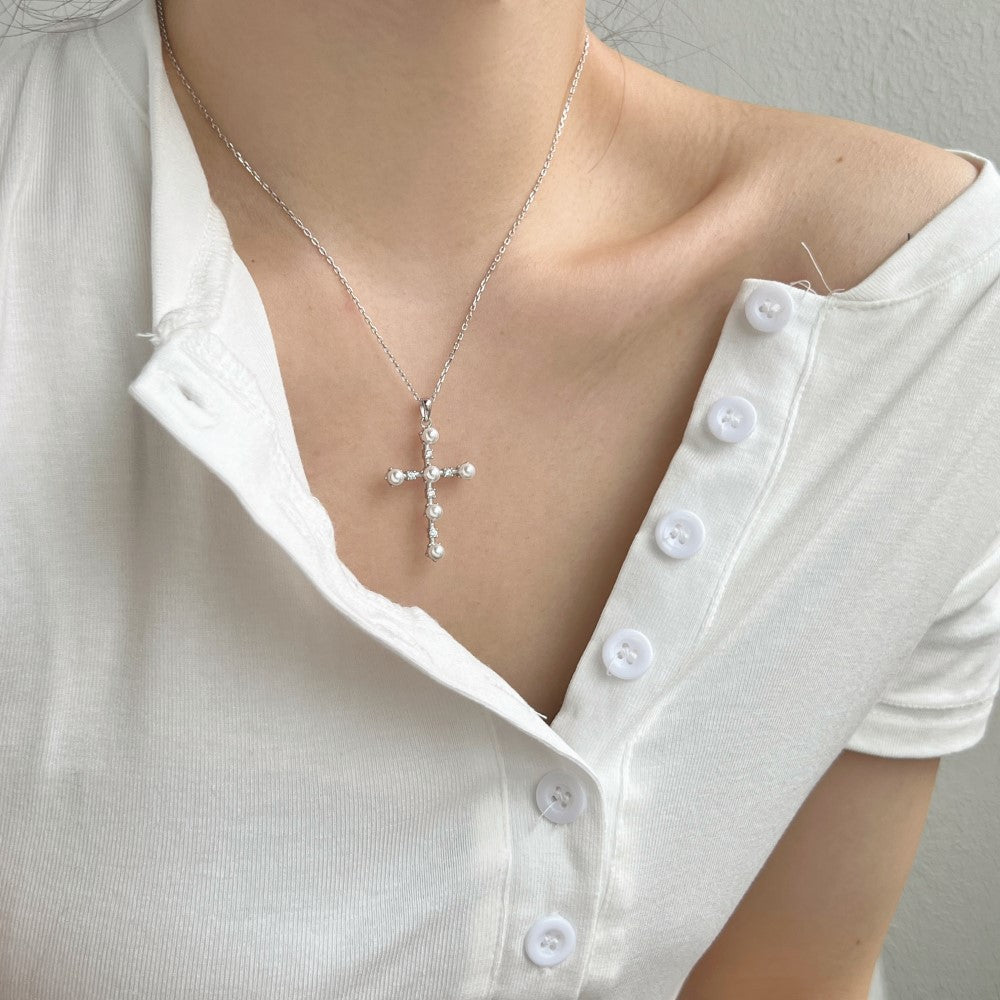 925 sterling silver cross zirconia opal pearl necklace