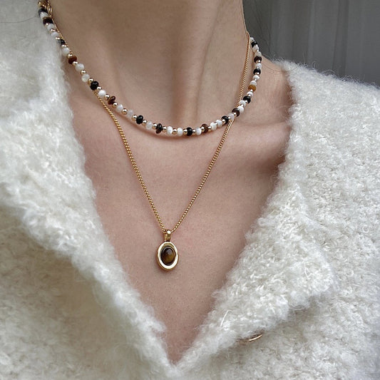 Natural black onyx beaded necklace metal pendant necklace clavicle chain