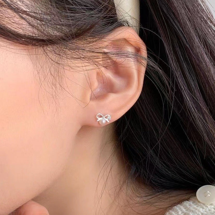 925 silver micro-set zircon pearl bow stud earrings