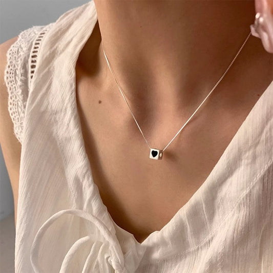 925 Silver Black Heart Silver Square Necklace