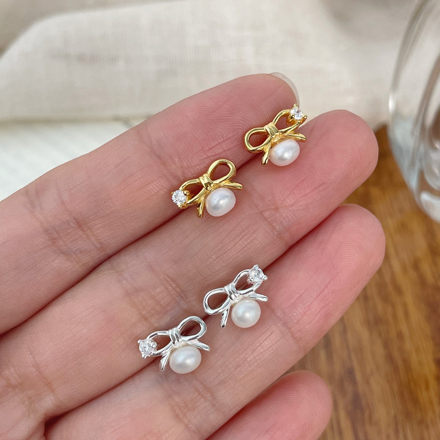 925 silver micro-set zircon pearl bow stud earrings