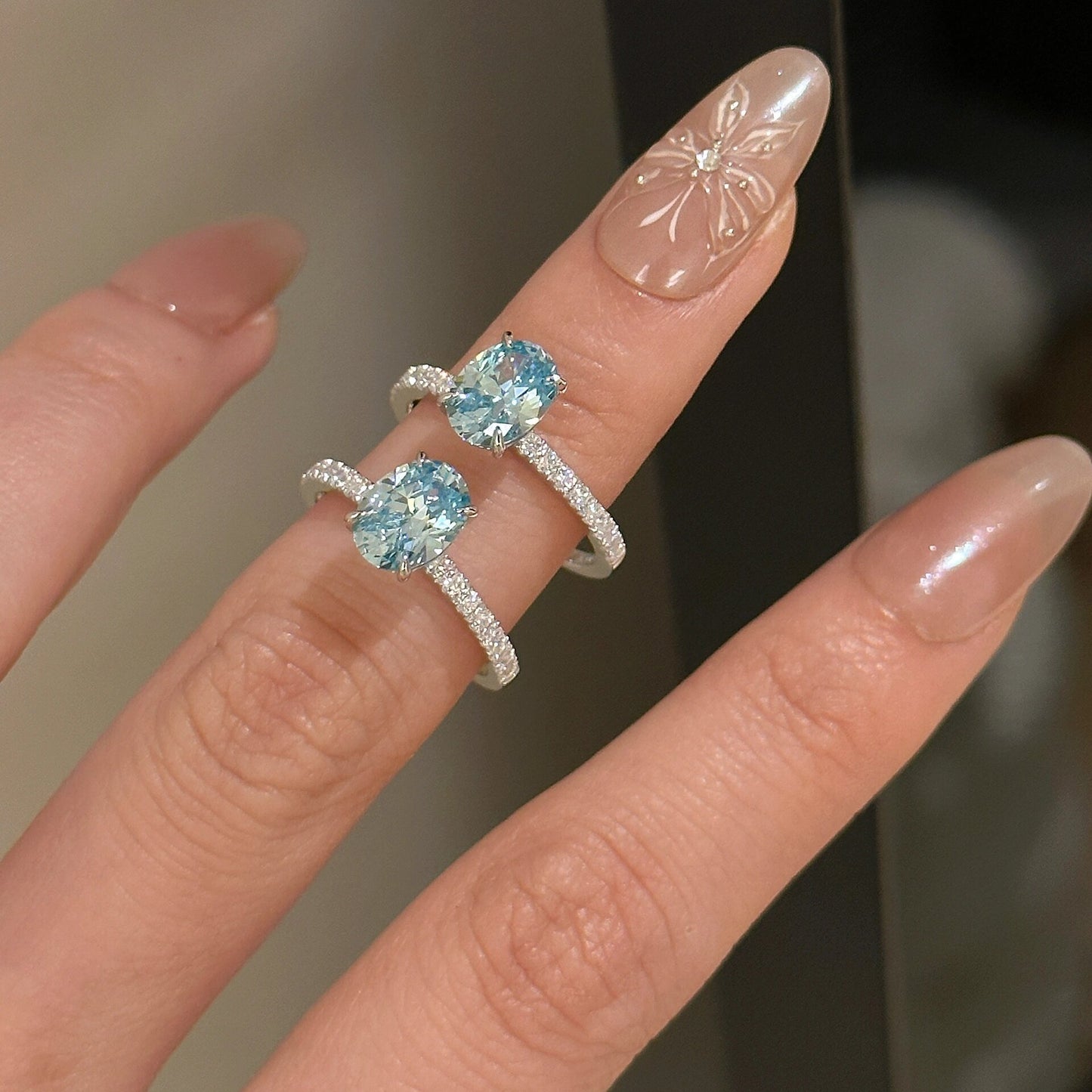 925 Silver High Carbon Diamond Sea Blue Zirconia 6*8 Ring