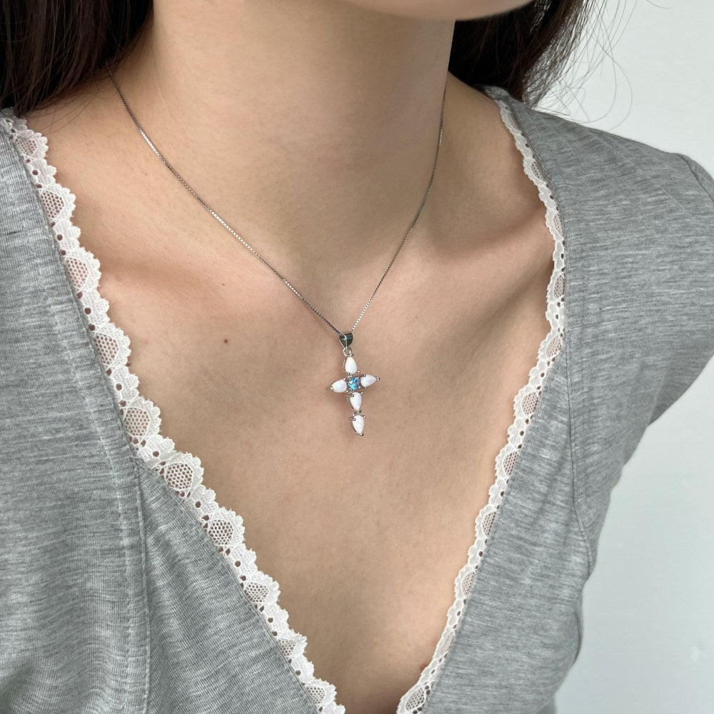 925 sterling silver cross zirconia opal pearl necklace