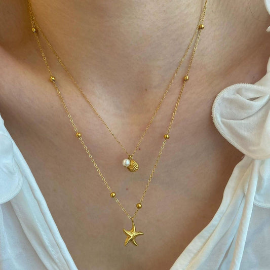 Double-layered starfish shell gold stacking necklace