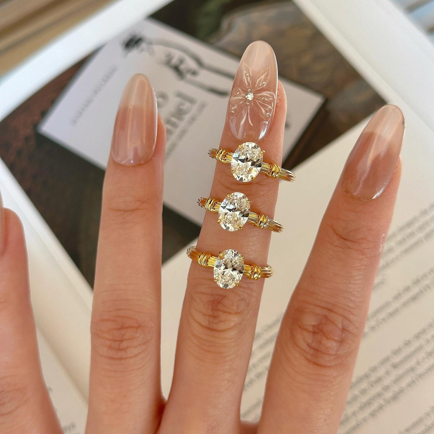 925 silver gold-plated 6*8mm knotted solitaire diamond ring