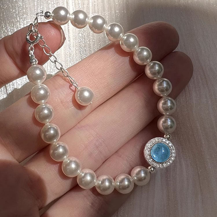 925 Silver Natural Aquamarine Faux Pearl Bracelet