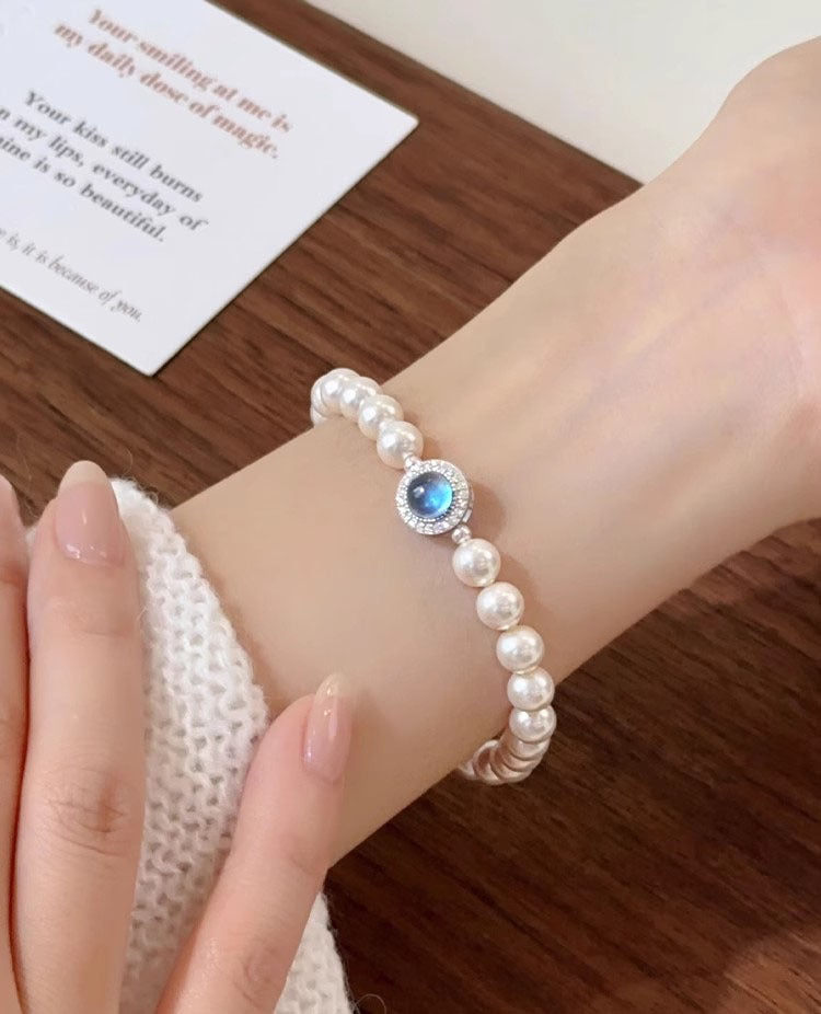 925 Silver Natural Aquamarine Faux Pearl Bracelet